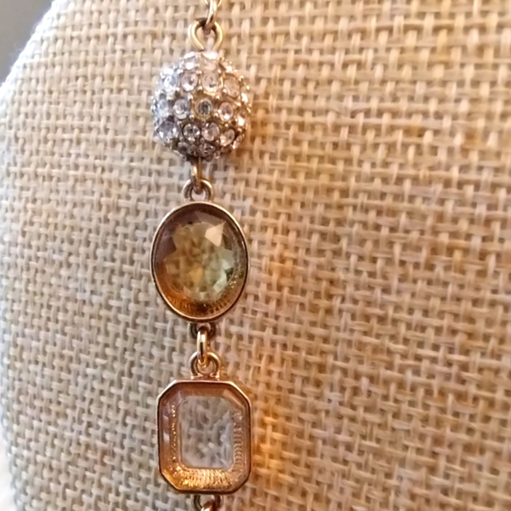Talbots 32" Long Gold Tone Station Necklace Amber Yellow Crystal Pave Rhinestone